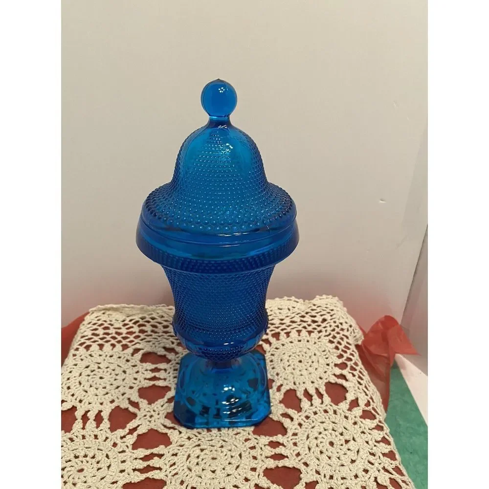 Blue Glass Lidded Apothecary Jar, Dot & Leaf Pattern, 10.5